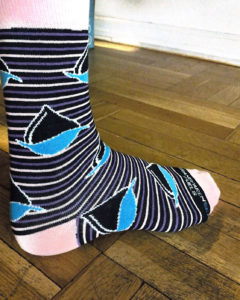 blue, black and white stripped Transparensa Fuels socks